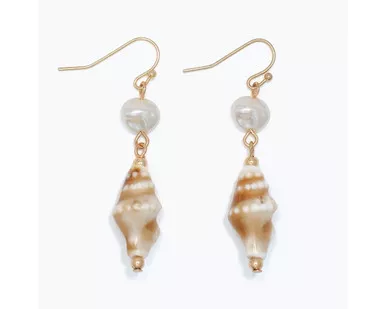 Periwinkle Sandy Ceramic Conch Shells Pearl Dangle Wire Earrings