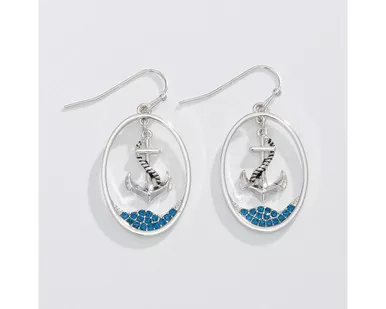 Periwinkle Silver Anchor with Teal Crystals Earrings