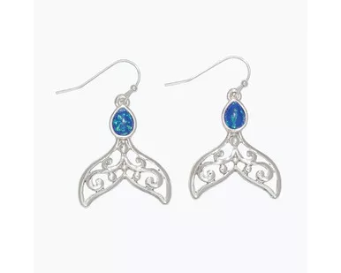Periwinkle Silver Filigree Mermaid Tail with Blue Opalite Dangle Earrings