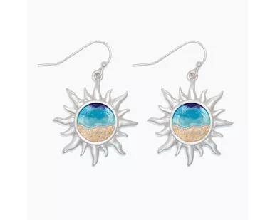 Periwinkle Silver Sun Beach Scene Dangle Wire Earrings