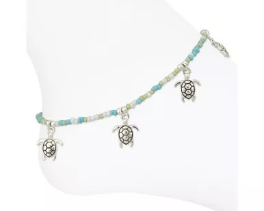 Periwinkle Silver Turtle Charms Aqua Beads Anklet
