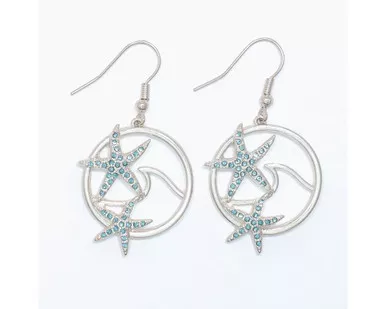 Periwinkle Silver Wave Aqua Crystal Starfish Dangle Circle Earrings