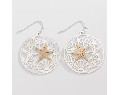 Periwinkle Starfish and Shells Brushed Two-Tone Cutout Circle Earrings