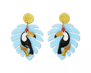 Periwinkle Toucan On A Blue Palm Leaf Earrings