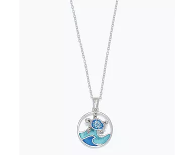 Periwinkle Turtle Riding A Cool Blue Wave Pendant Silver Necklace