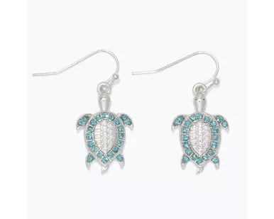 Periwinkle Turtle With Aqua Marine Crystals Silver Earrings