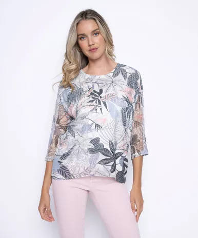 Picadillay Tropical Printed Netted Half Sleeve Top