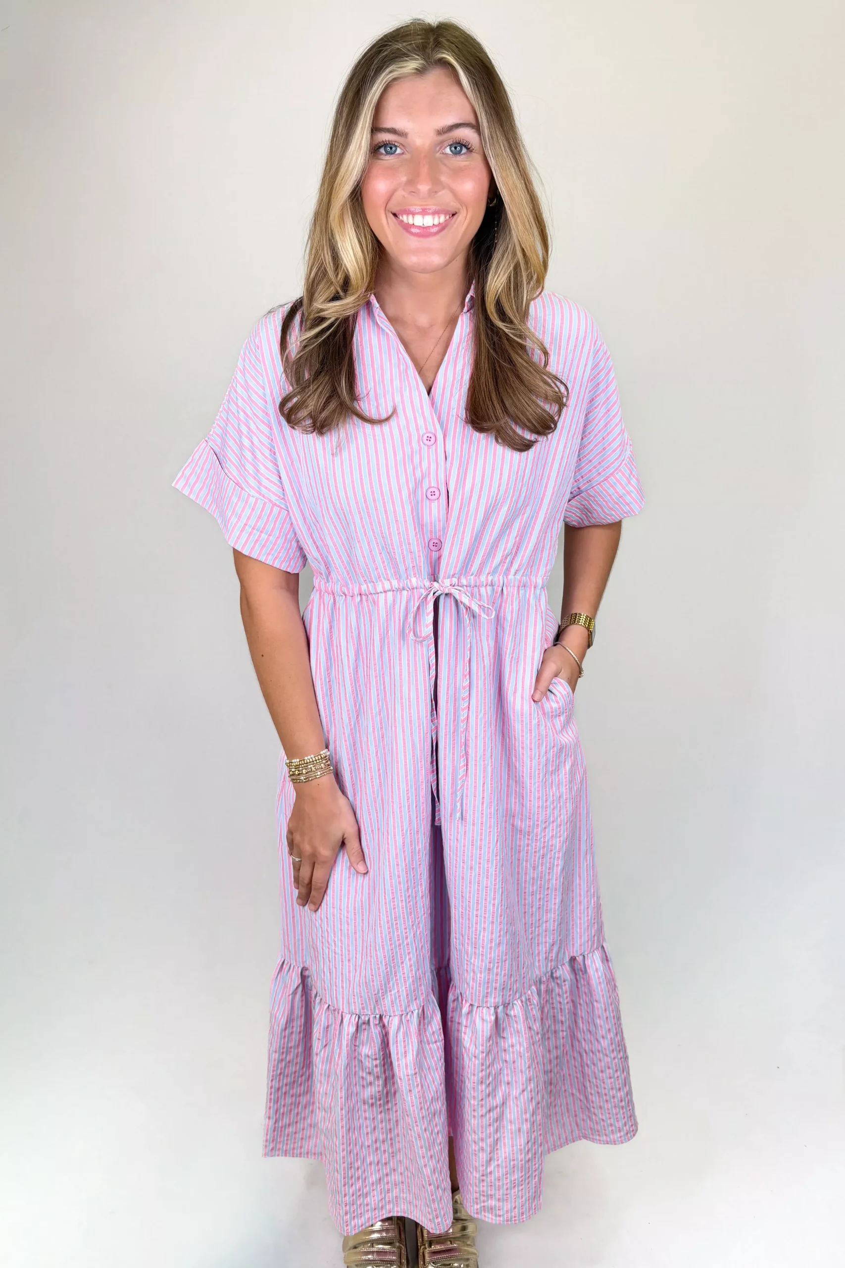 PINK & BLUE STRIPE DRAWSTRING COLLAR MIDI DRESS