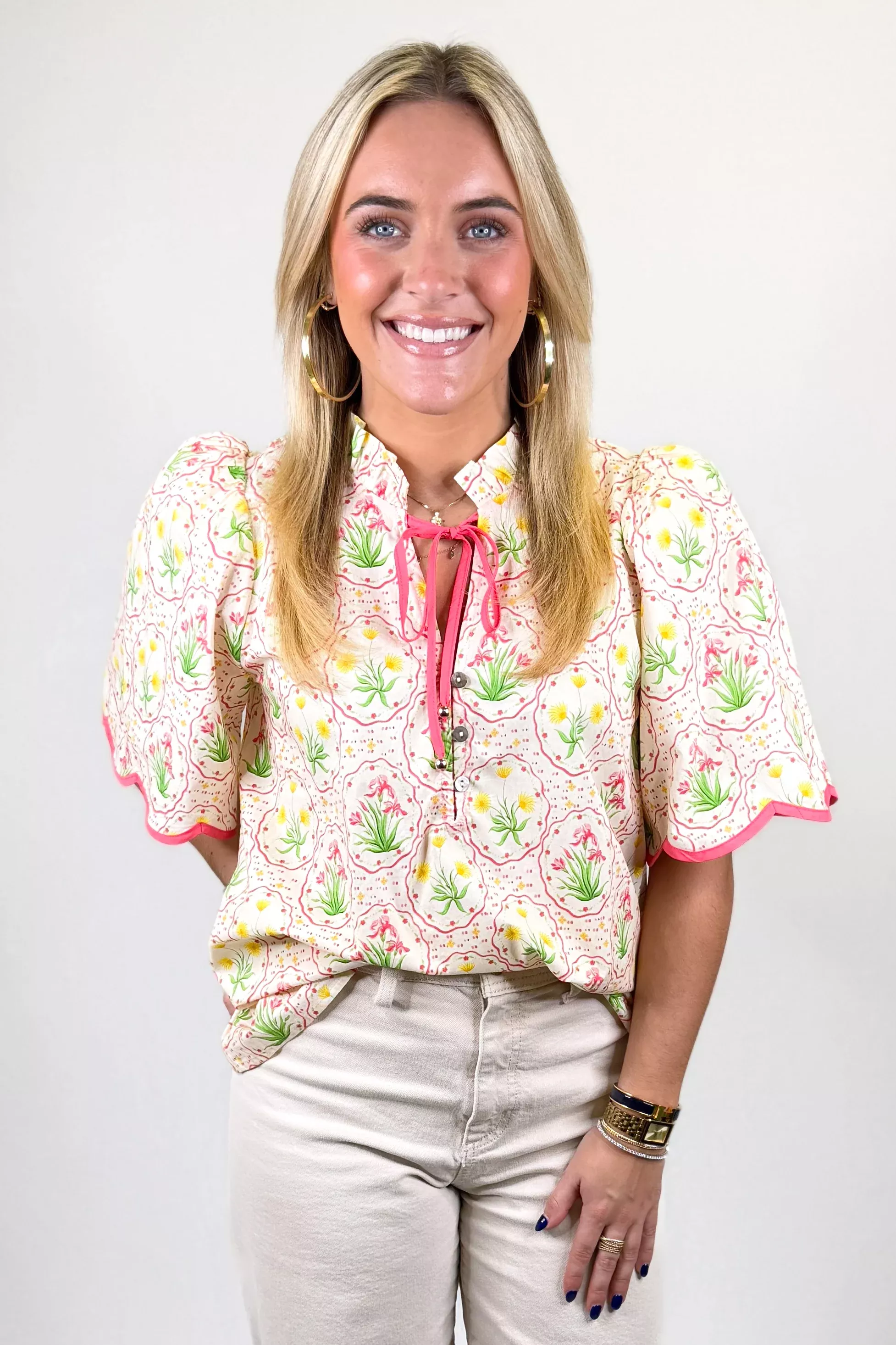 PINK BOTANICAL SCALLOP TRIM TOP