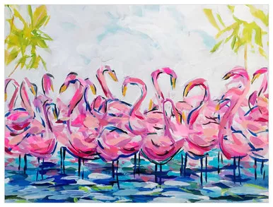 Pink Flamingo Bird Flock Canvas Wall Art