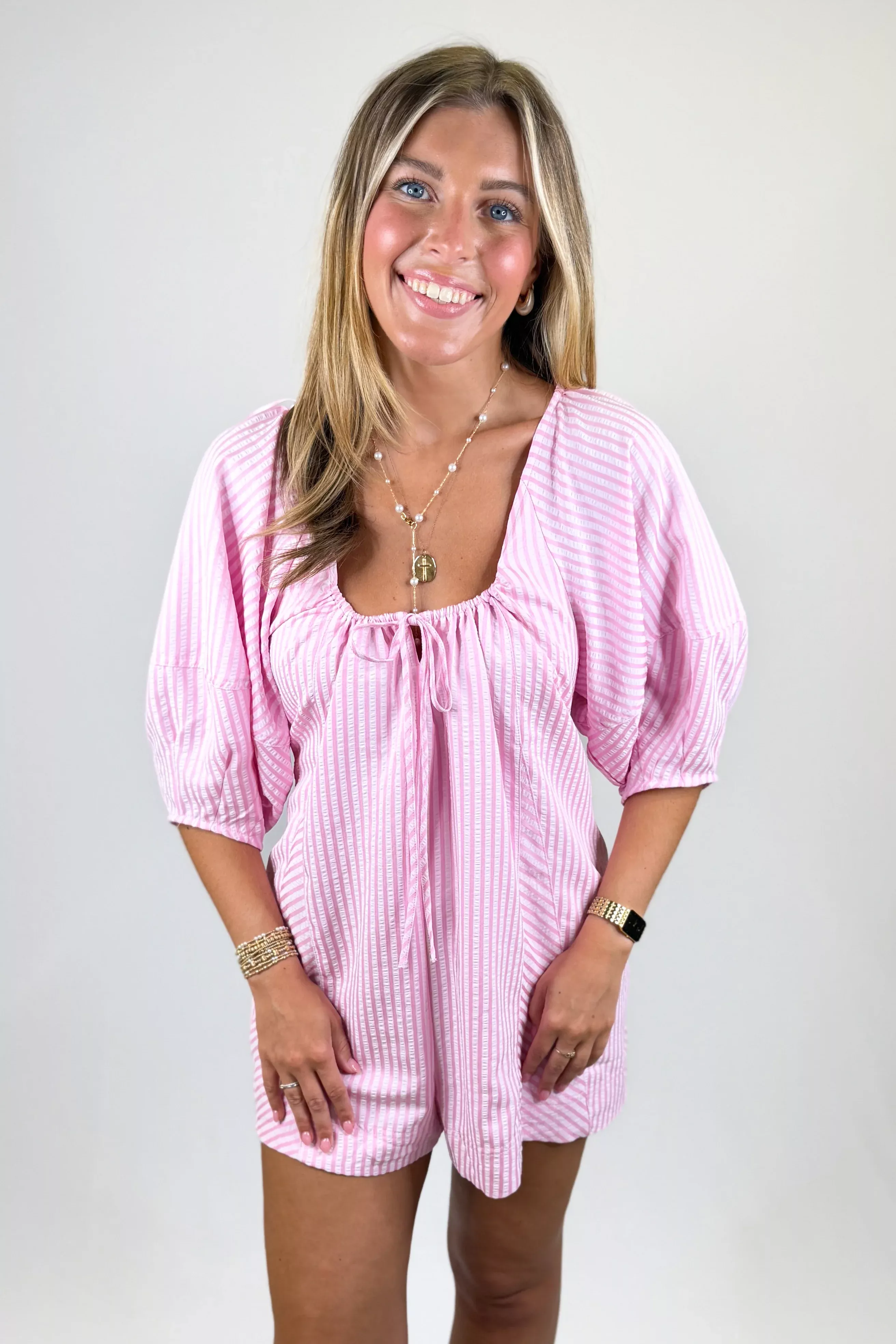 PINK SEERSUCKER OVERSIZED ROMPER DRESS