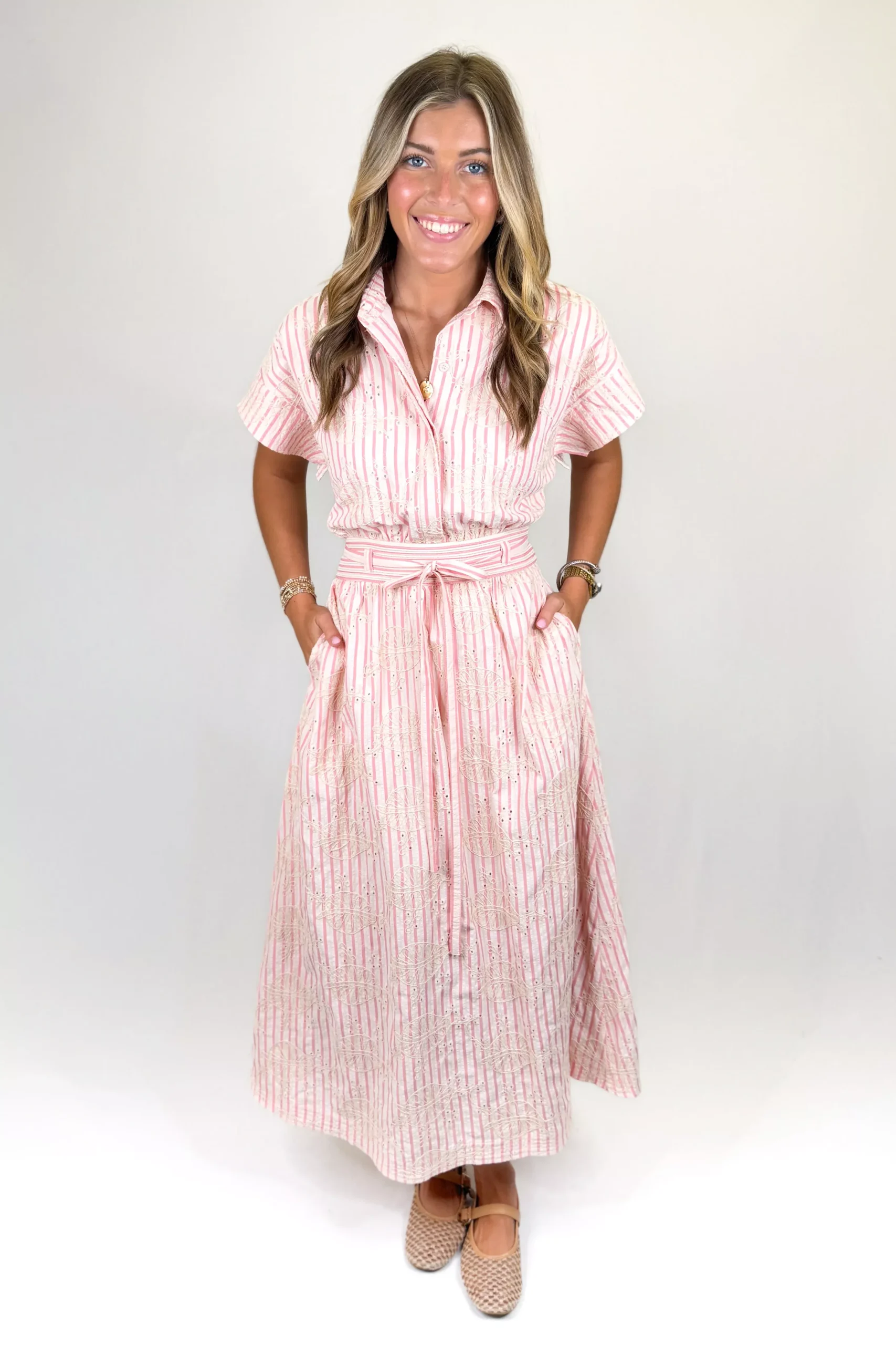 PINK STRIPE EMBROIDERED MIDI DRESS