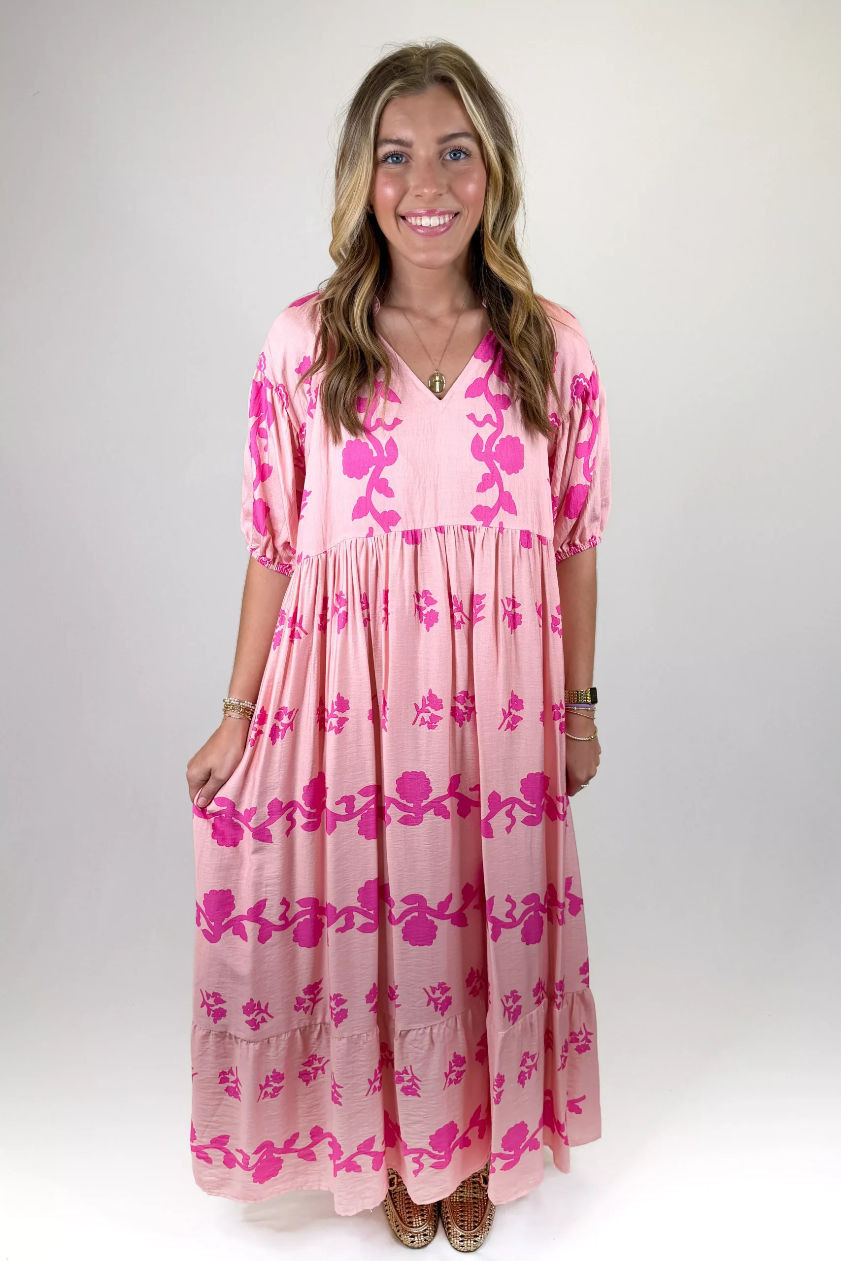 PINK VINES VNECK MAXI DRESS