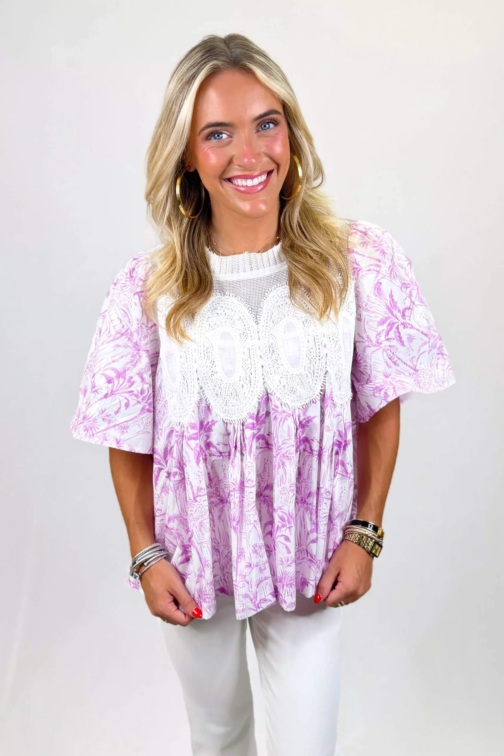 PURPLE FLORAL MESH APPLIQUE TOP