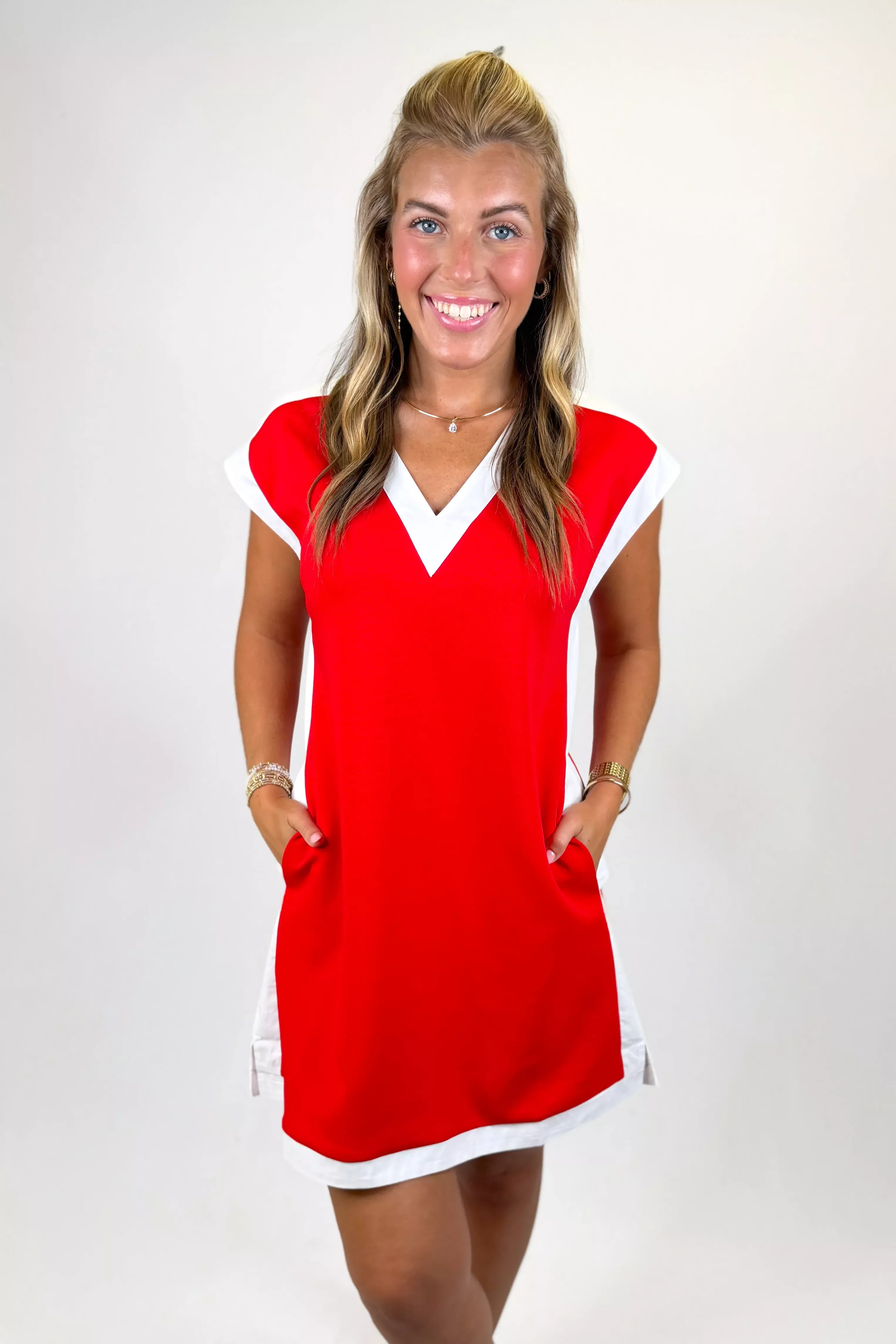 RED COLOR BLOCK SHIFT DRESS