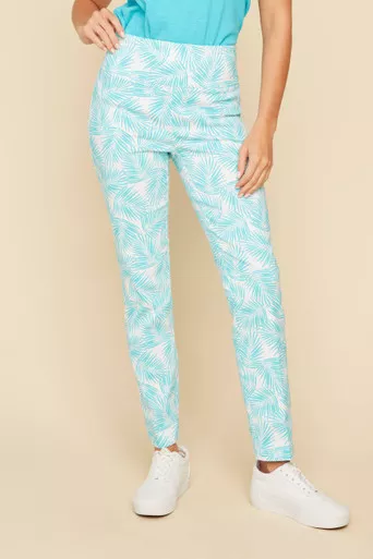 Renuar Aquamarine Palm Leaf Print Tummy Control Pull On Pants