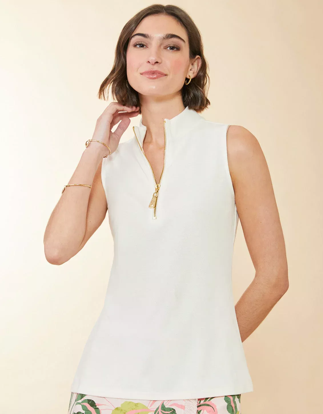 Serena Sleeveless Half-Zip Pique Top Pearl White