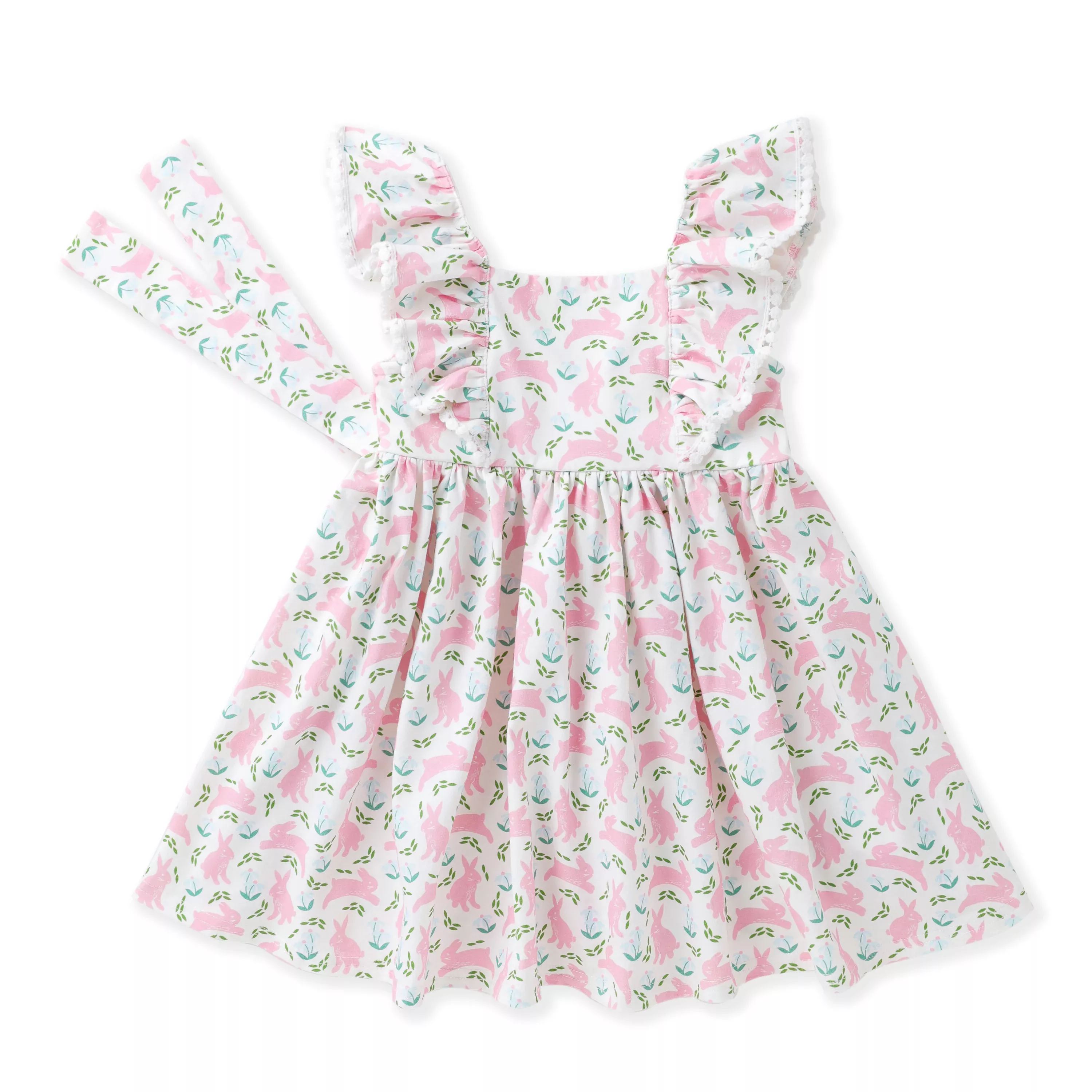 SPRING BUNNY POM TRIM PINAFORE DRESS