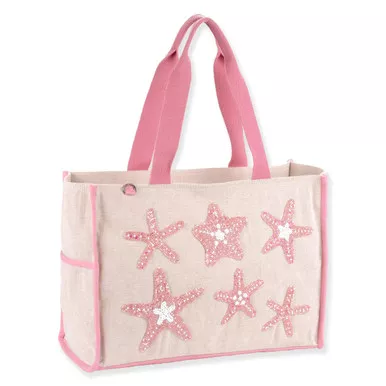 Sun N Sand Two Tone Starfish Beaded Canvas Shoulder Tote Bag