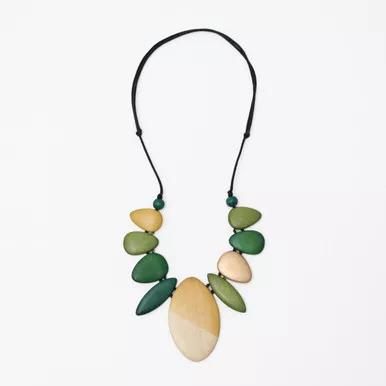 Sylca Aztec Green & Gold Wood Statement Necklace