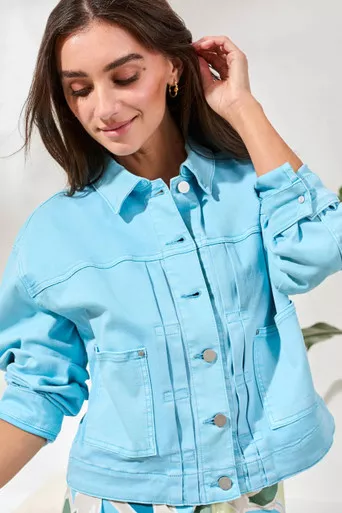 Tribal Aqua Sky Blue Stretch Denim Back Pleat Jacket