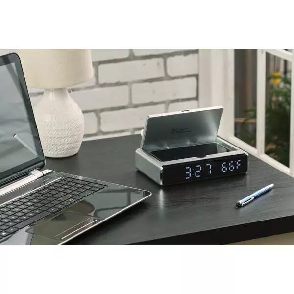 UV Sanitizer Desk Clock with Wireless Charging- Silver- PCNA 7143-18