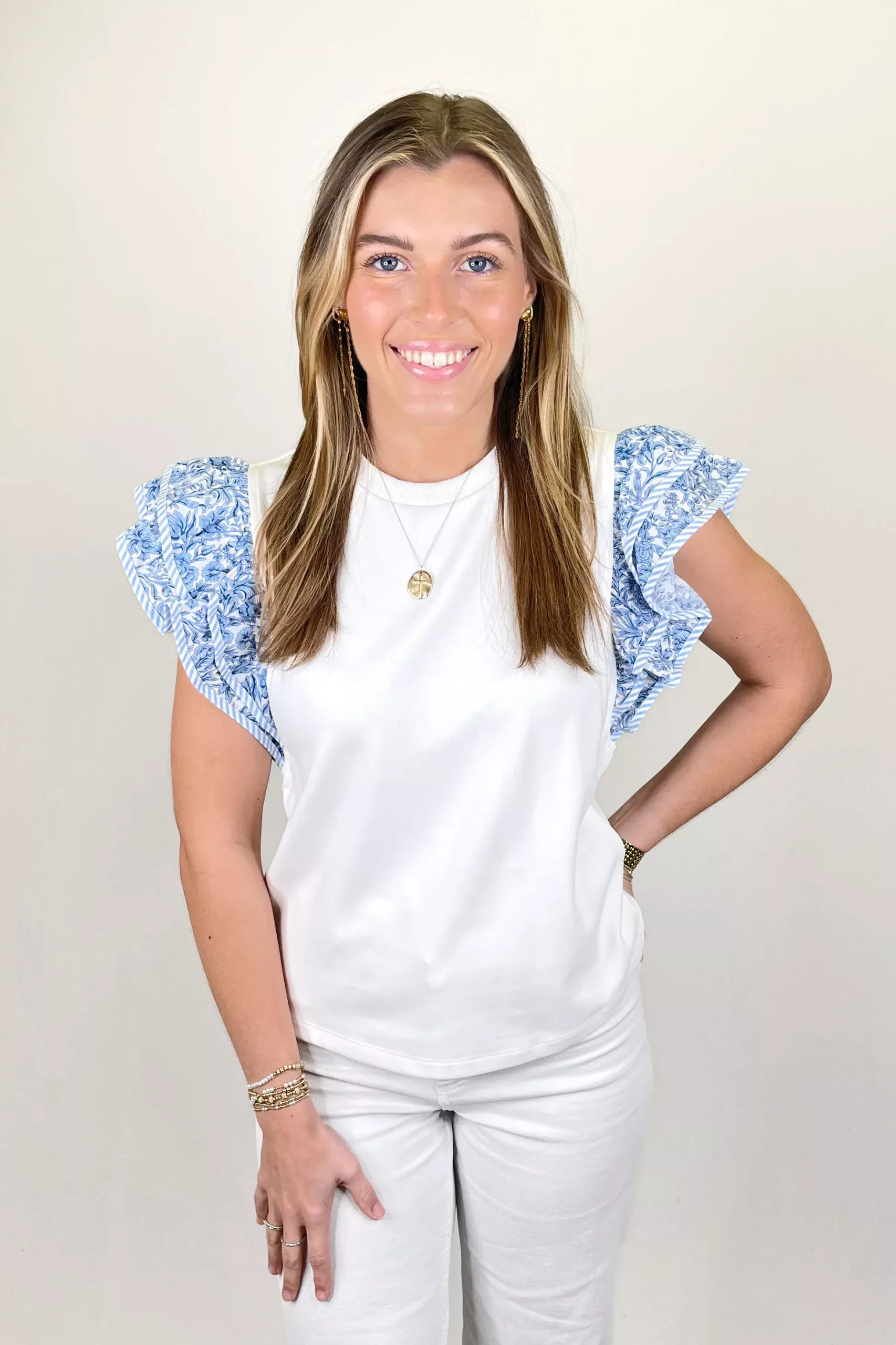 WHITE & BLUE FLORAL STRIPE RUFFLE SHOULDER TOP