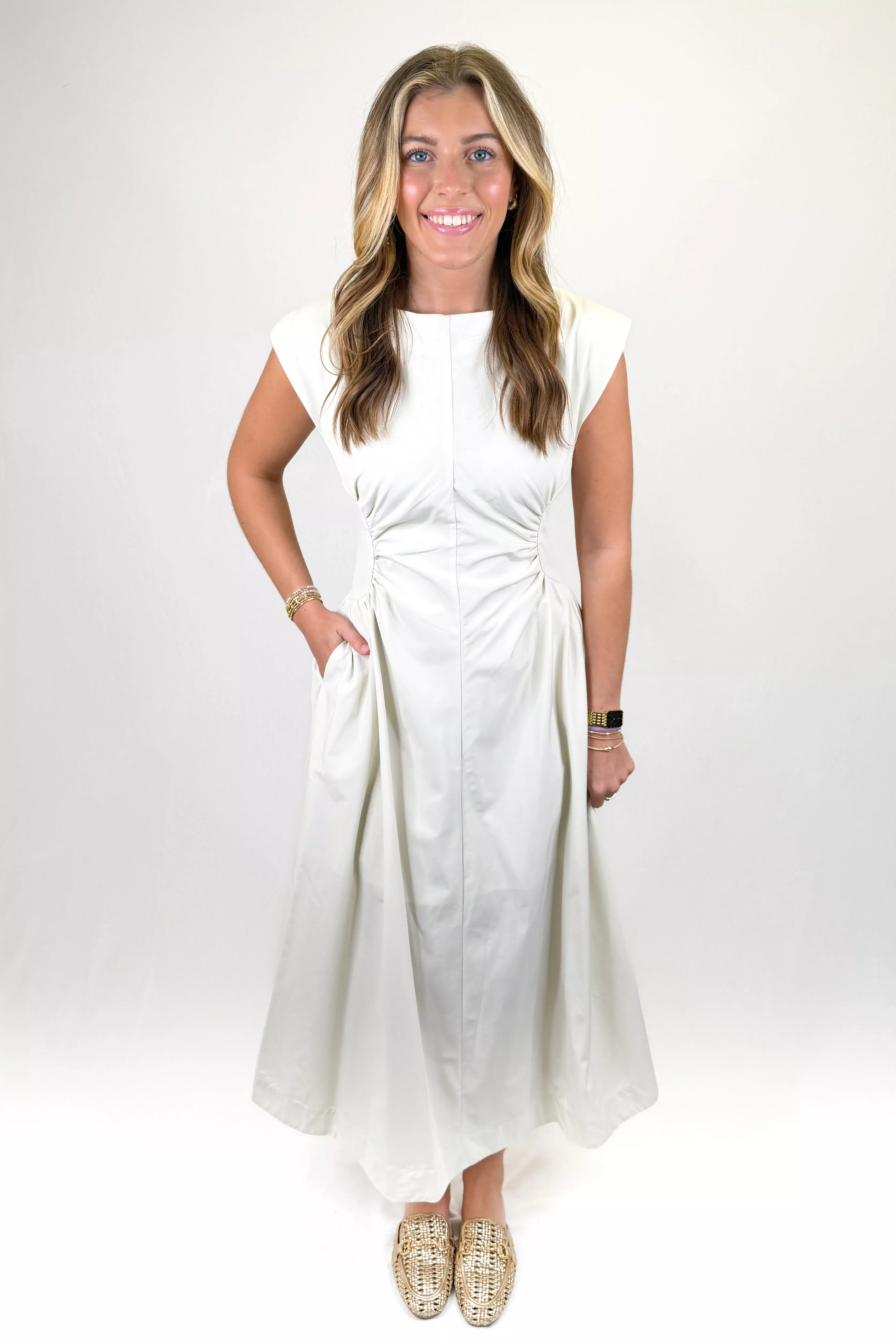 WHITE GATHERED SIDE MIDI DRESS