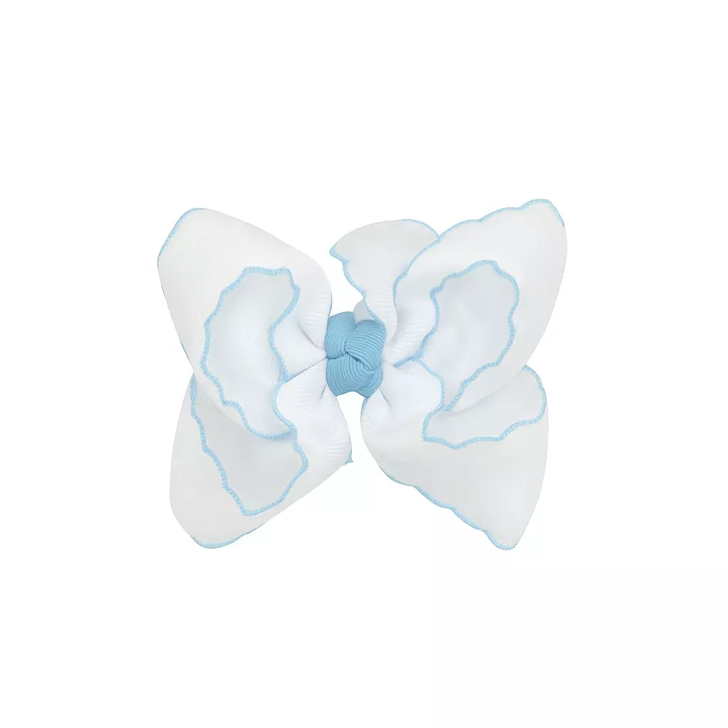 WHITE WITH MILLENNIUM BLUE CROCHETED EDGES BOW
