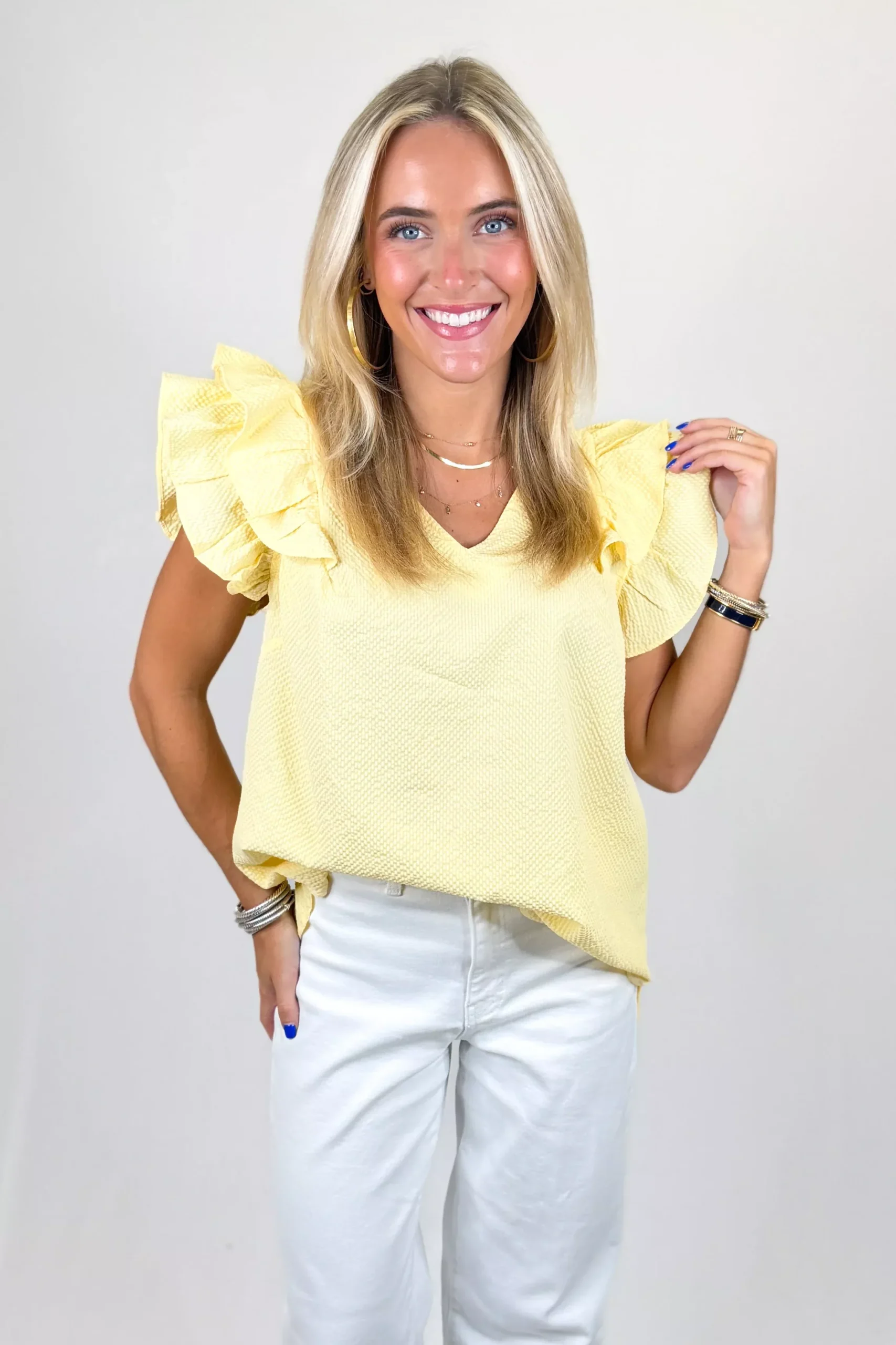YELLOW TEXTURED LAYERED RUFFLE SHOULDER TOP